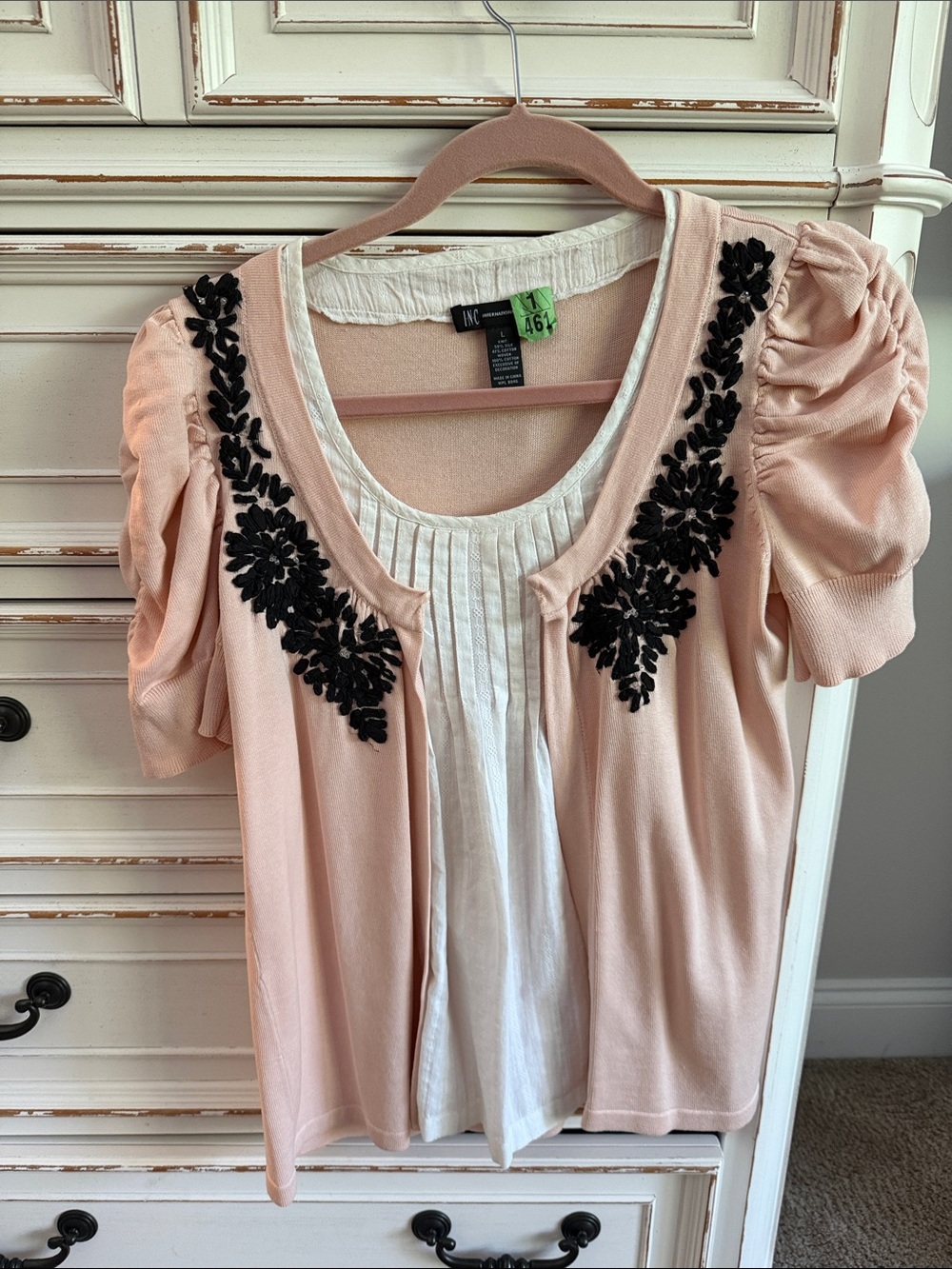 INC International Concepts Pink Embroidered Puff Sleeve Top